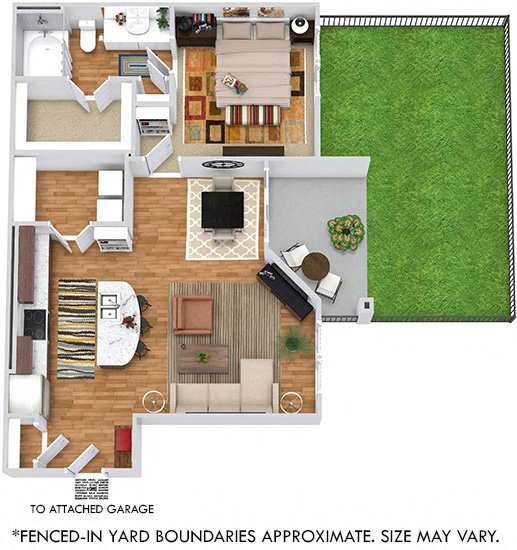 Floor plan for 1 bed, 1 bath, 785 sqft